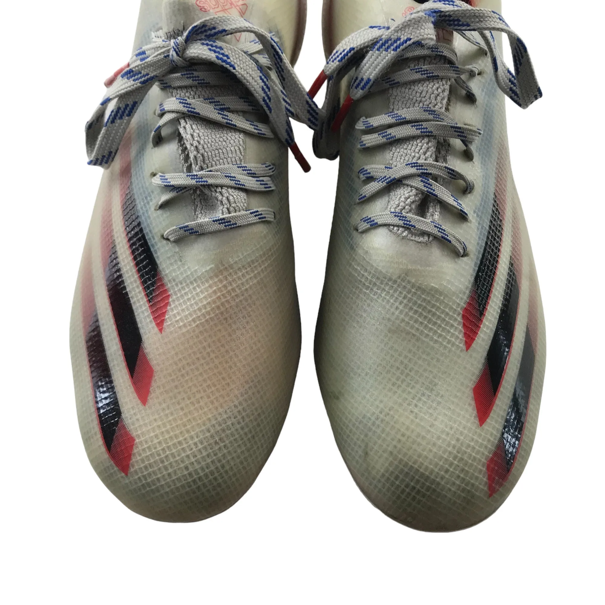 Adidas Fluroskin Speedframe football boots shoe size UK 6 white red and blue with plastic moulded studs