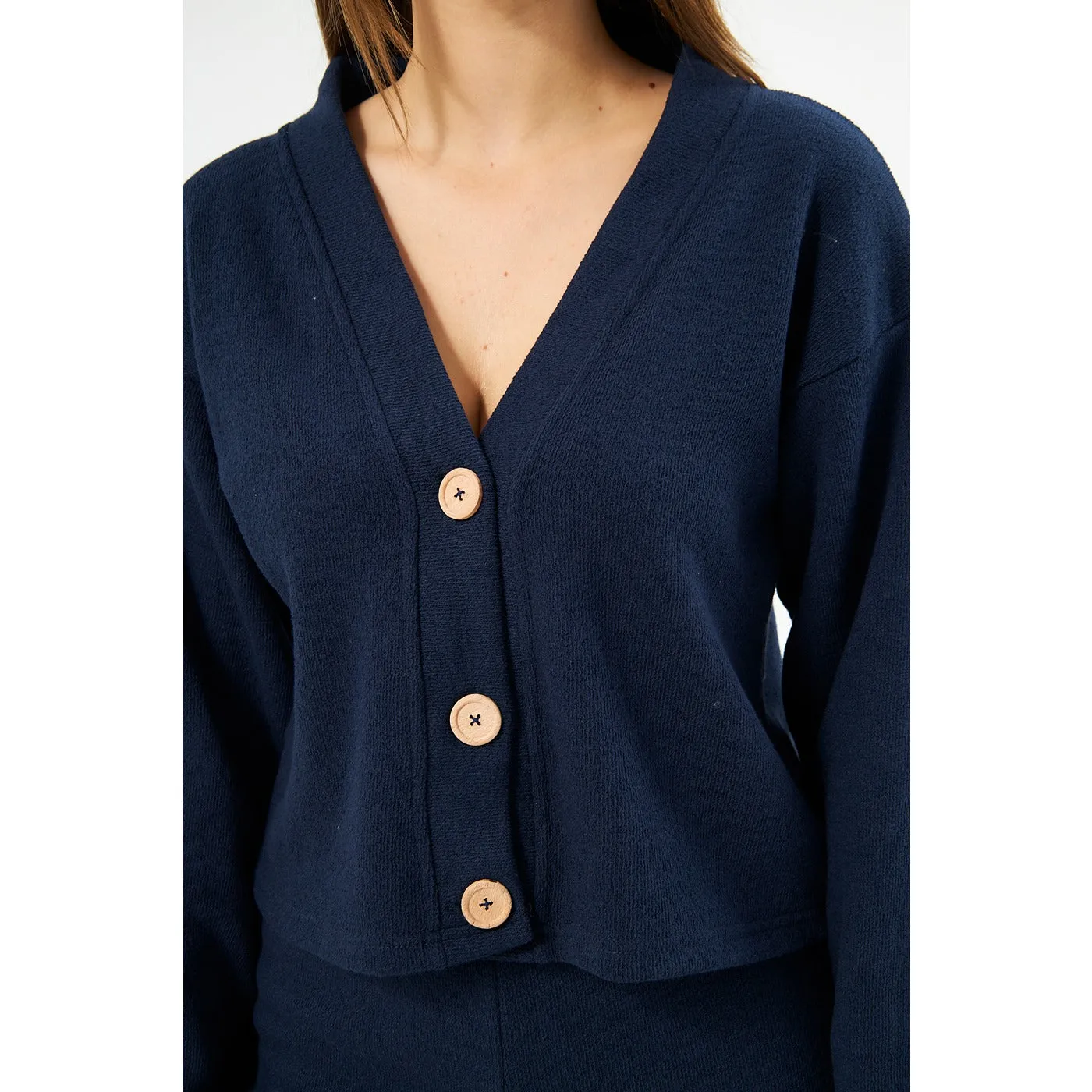 Blue Textured Button Cardigan