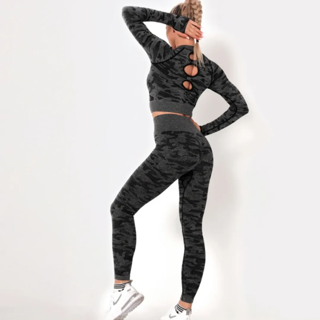 Camouflage Fitness Clothes Long Sleeve Crop Top & Push Up Leggings