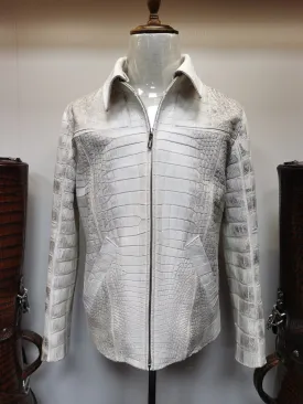 Crocodile Leather Jacket,Himalaya White Crocodile Leather Zip Up Coat