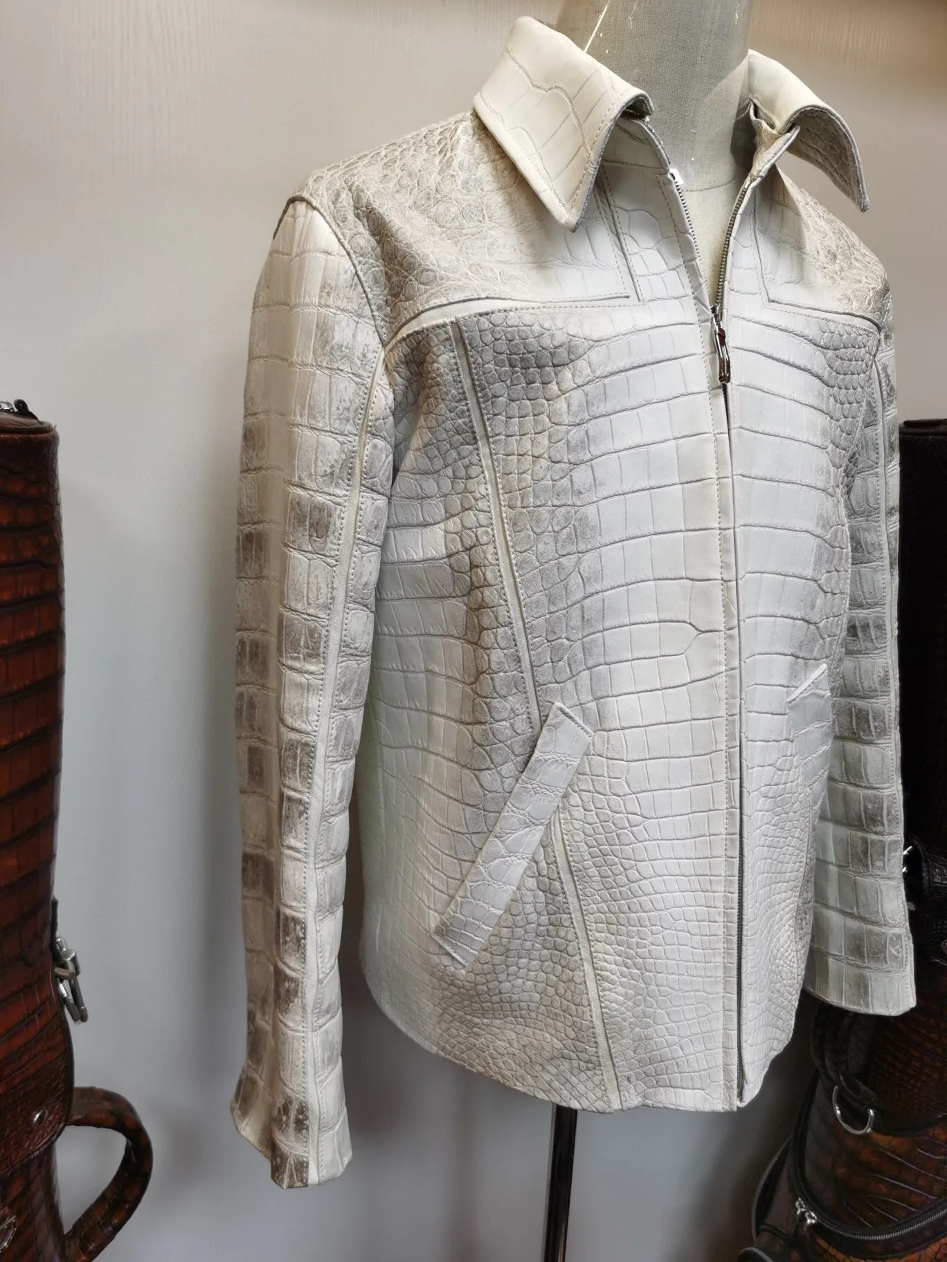 Crocodile Leather Jacket,Himalaya White Crocodile Leather Zip Up Coat