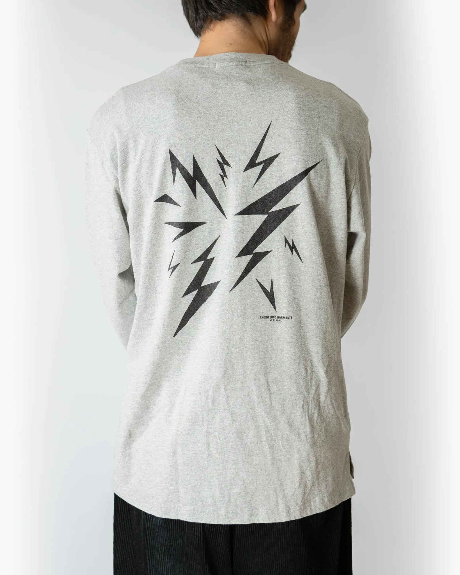 Cross Neck Long Sleeve T-Shirt – Grey 'Lightning' Print