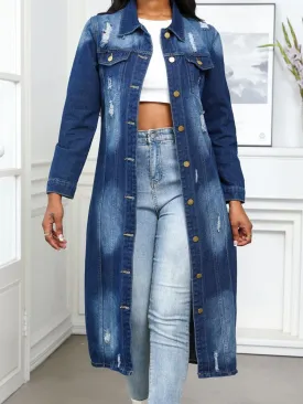 Distressed Button Up Collared Neck Denim Top