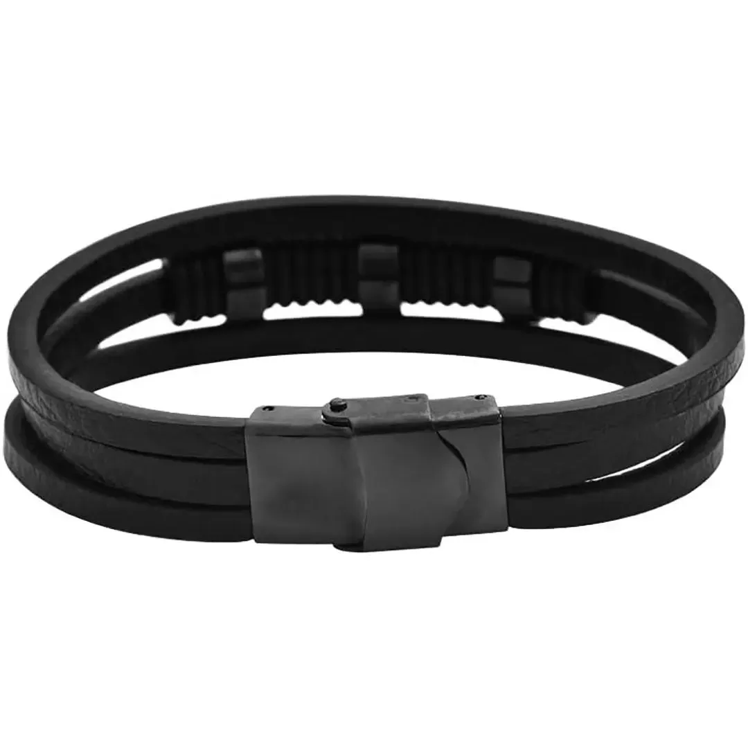 GoSteel Men's Multi-Layer Genuine Leather with  Black Stainless Steel Ornaments Bracelet