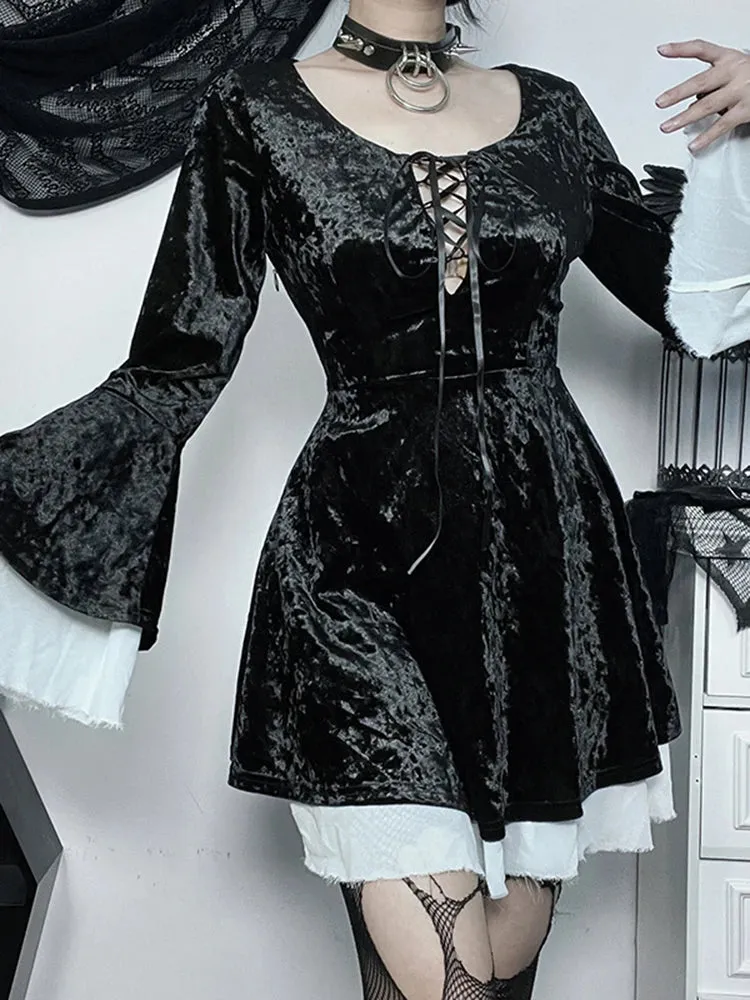 InsGoth Gothic Lace Up Velvet Queen Renaissance Medieval Witch Vintage Cosplay Party Gothic Dress