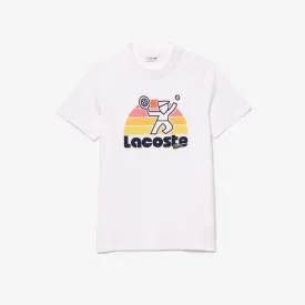 LACOSTE Men's Washed Effect Tennis Print T-shirt- White