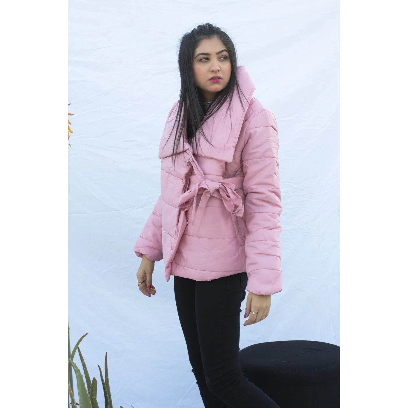 Pink Belted Puffer Jacket