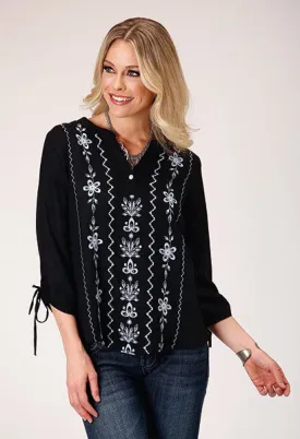 Roper Apparel Black with White Embroidery Peasant Blouse for Women