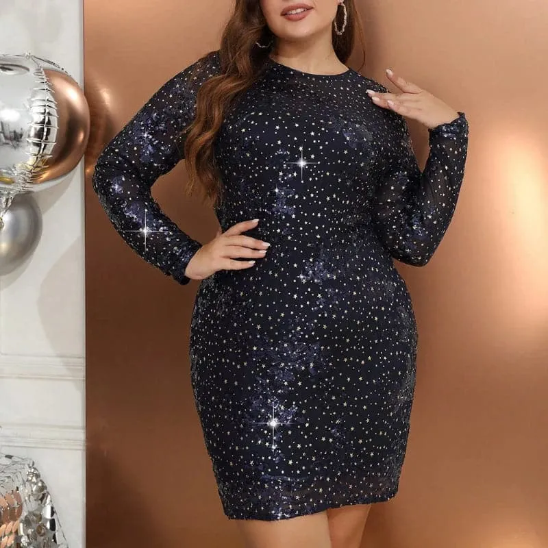 Sequin Mini Dresses with Full Sleeves and O-Neckline