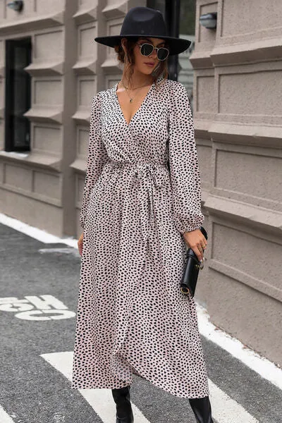 Slit Printed Surplice Balloon Sleeve Dress