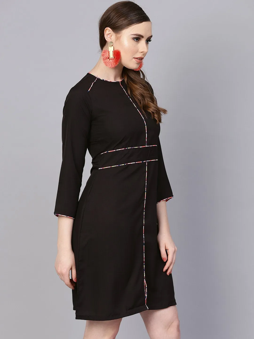 Solid Black Dress With Printed Piping & Round Neck