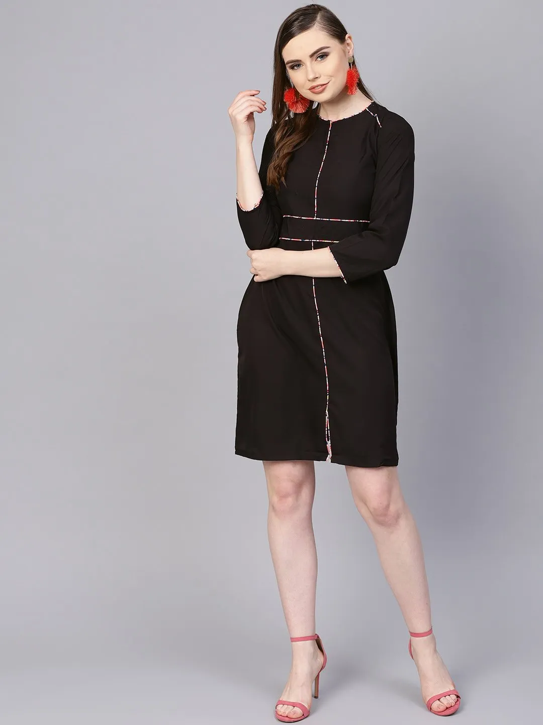 Solid Black Dress With Printed Piping & Round Neck