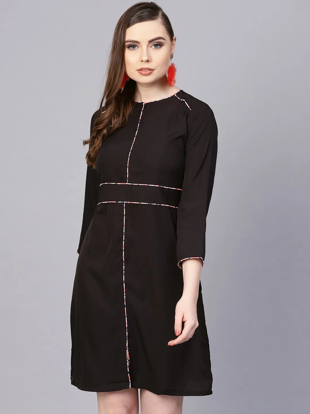 Solid Black Dress With Printed Piping & Round Neck