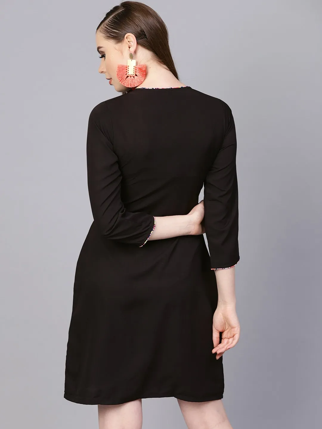 Solid Black Dress With Printed Piping & Round Neck