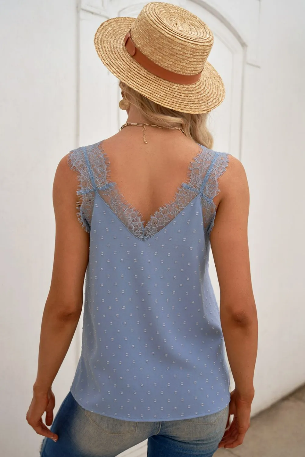 Swiss Dot Spliced Lace Sleeveless Top