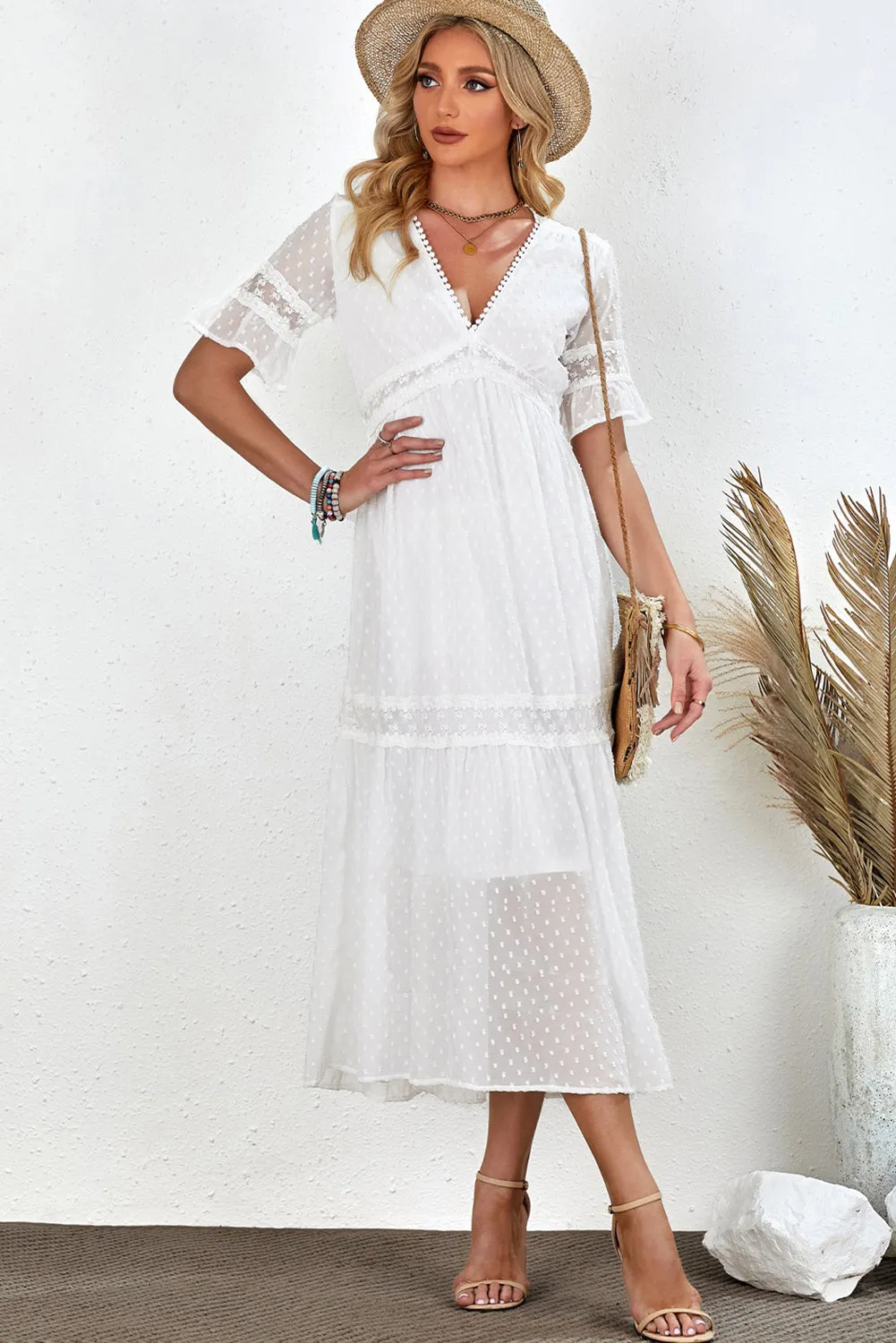 Swiss Dot V-Neck Short Sleeve Midi Dress