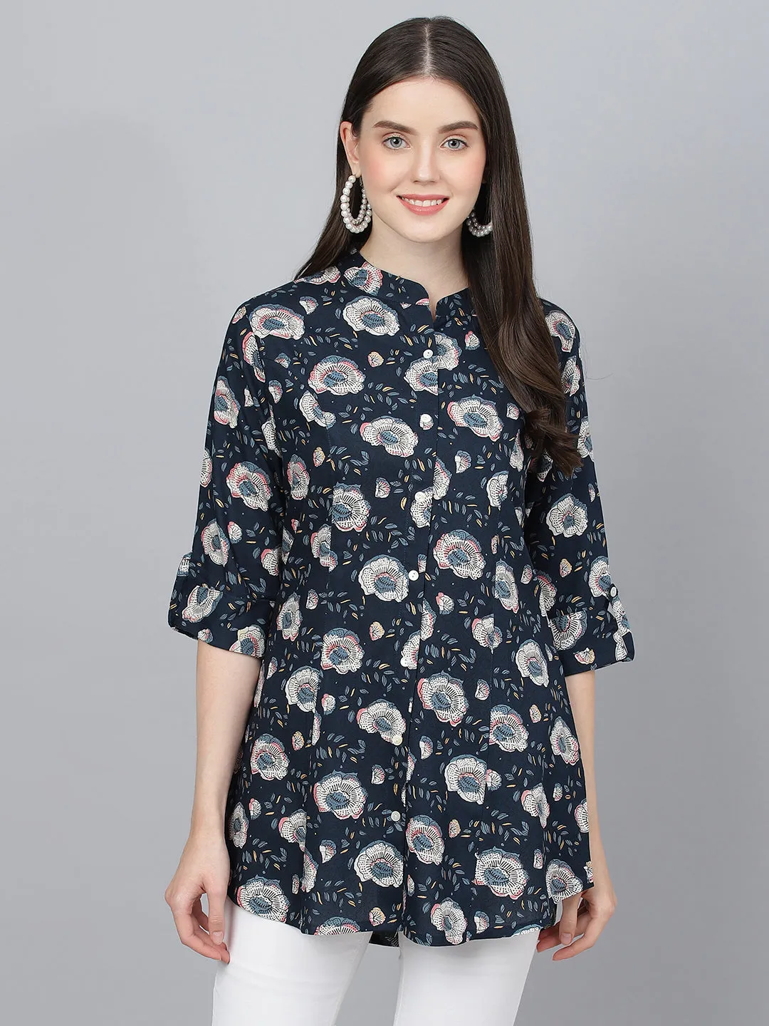 Women Blue Floral Printed Rayon A-Line Shirts Style Top