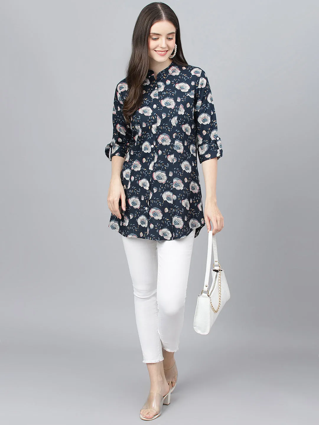 Women Blue Floral Printed Rayon A-Line Shirts Style Top