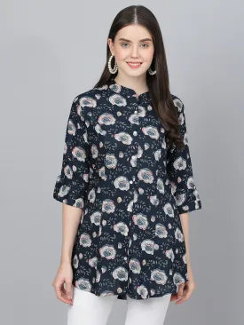 Women Blue Floral Printed Rayon A-Line Shirts Style Top