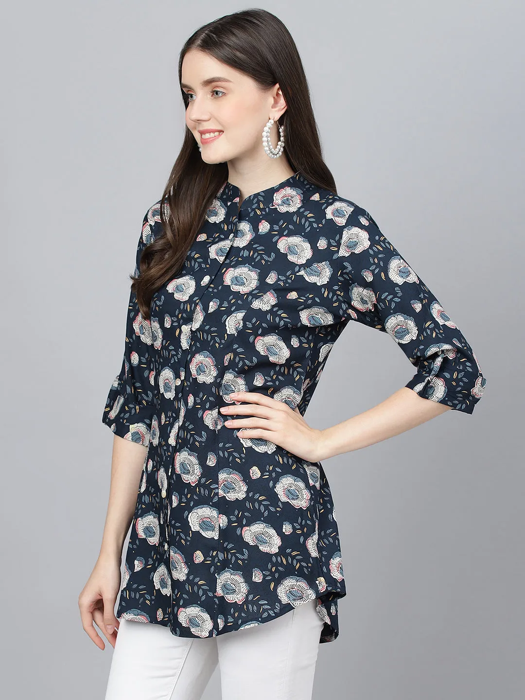 Women Blue Floral Printed Rayon A-Line Shirts Style Top