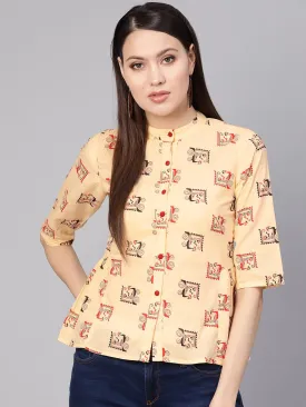 Women Cream-Coloured & Red Printed Shirt Style Top