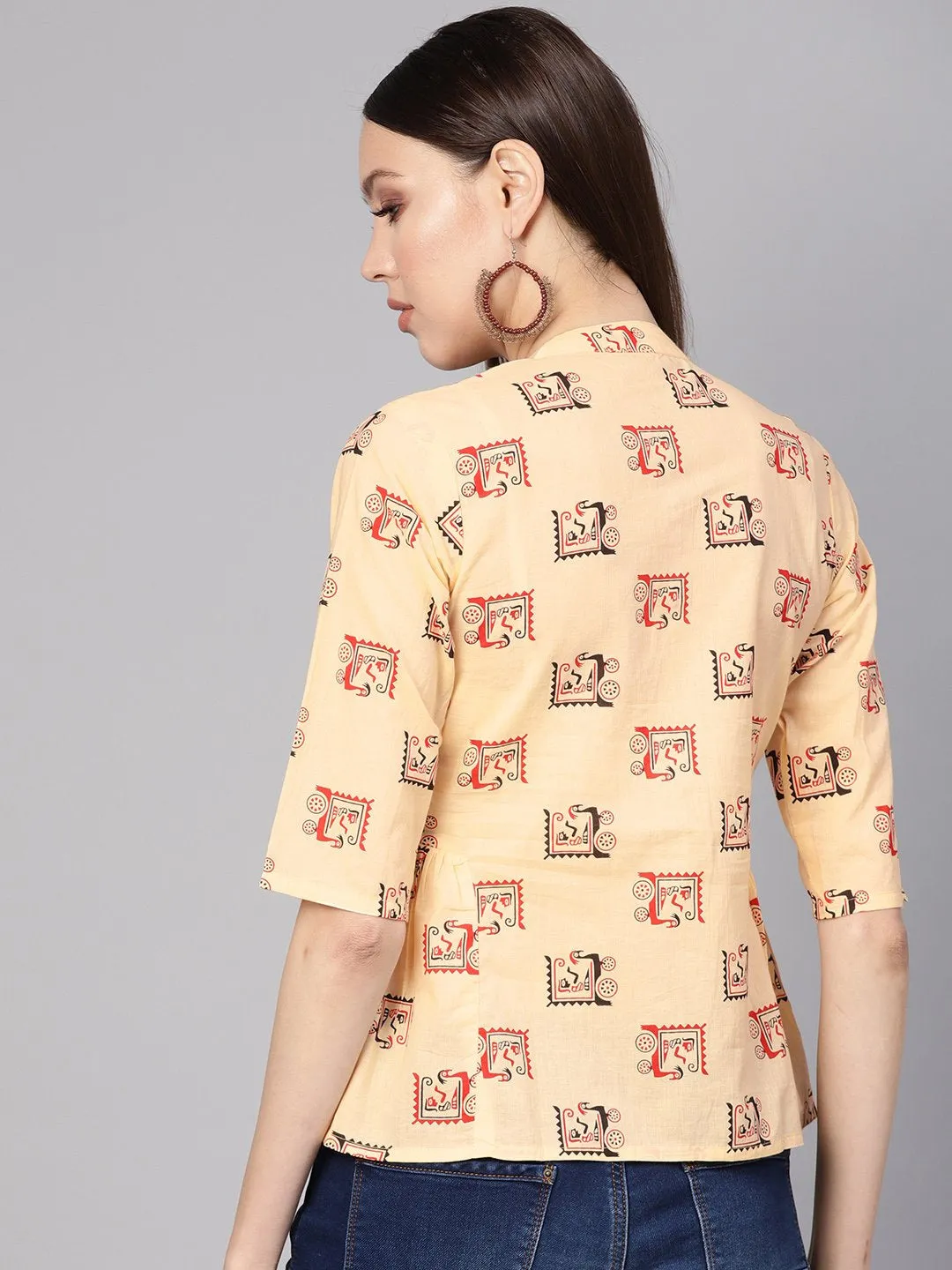 Women Cream-Coloured & Red Printed Shirt Style Top