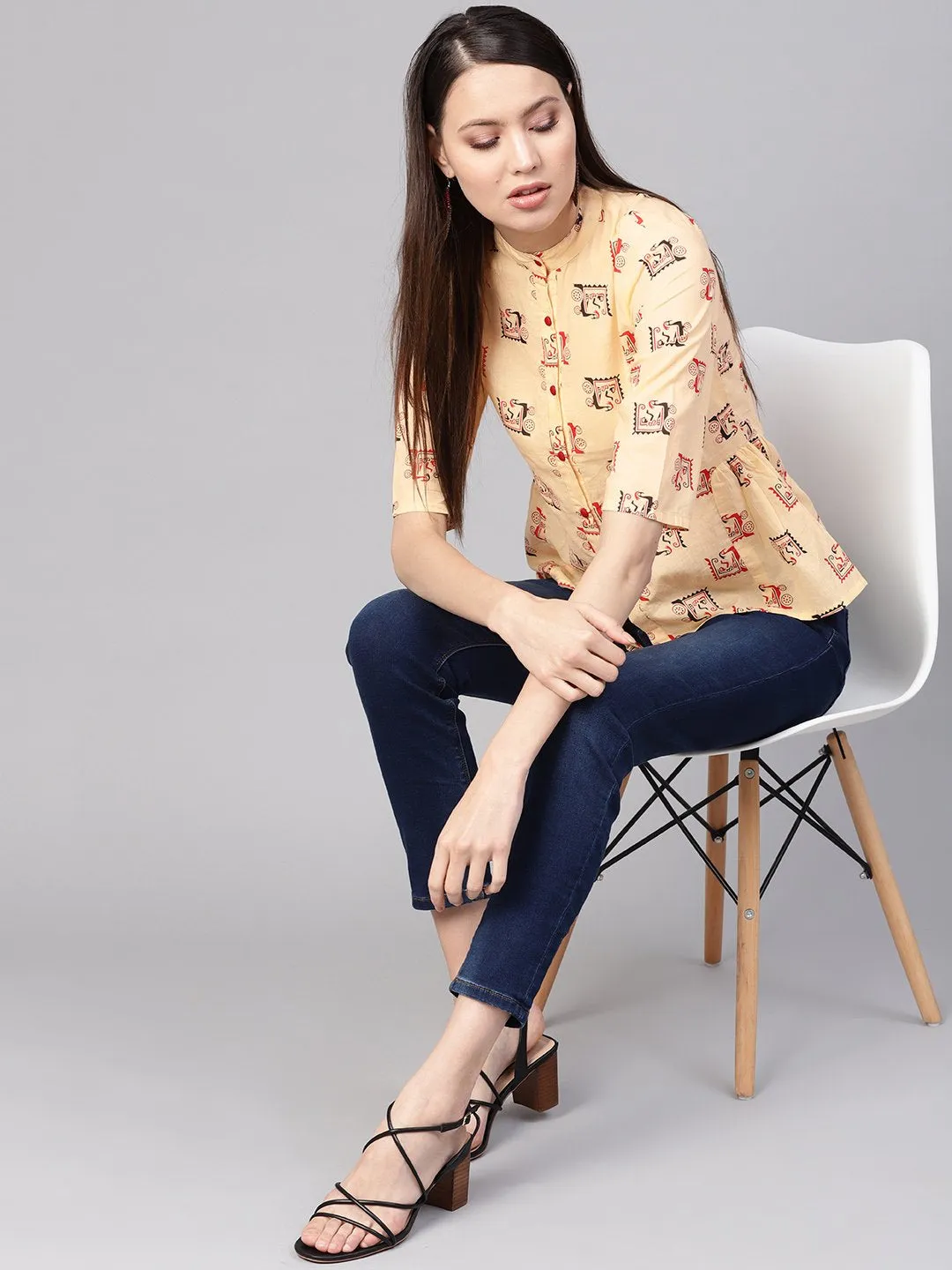 Women Cream-Coloured & Red Printed Shirt Style Top