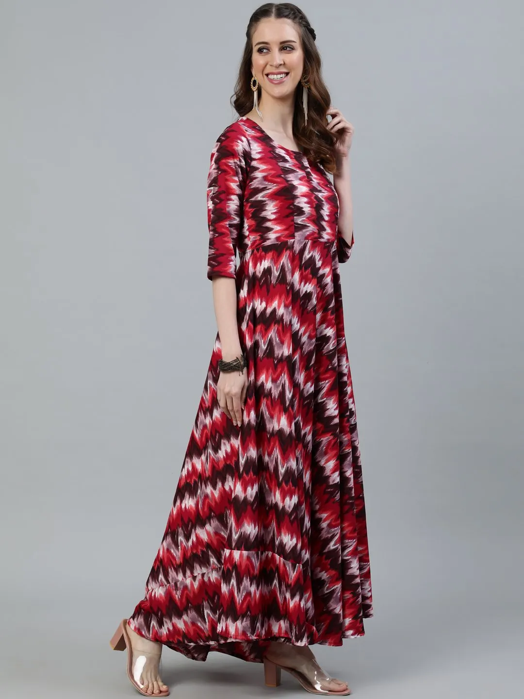 Women Pink Printed Maxi Dress With Three Quarter Sleeves