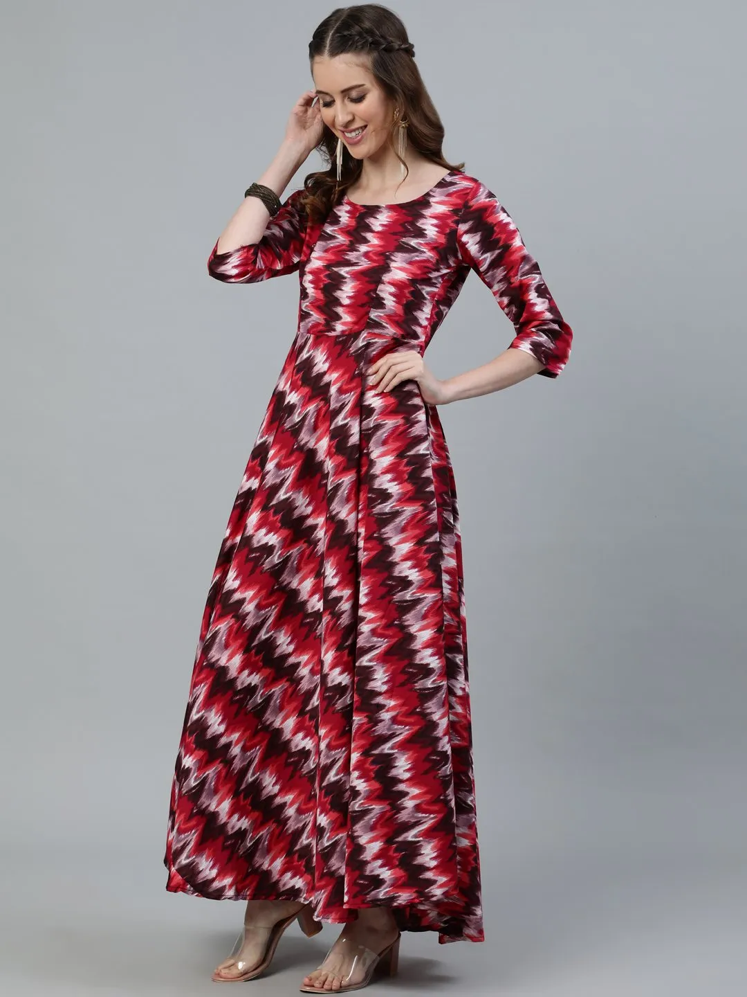 Women Pink Printed Maxi Dress With Three Quarter Sleeves