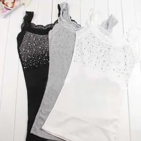 Women Rhinestone Sleeveless Lace Stunning Vest Tank Top T-shirt