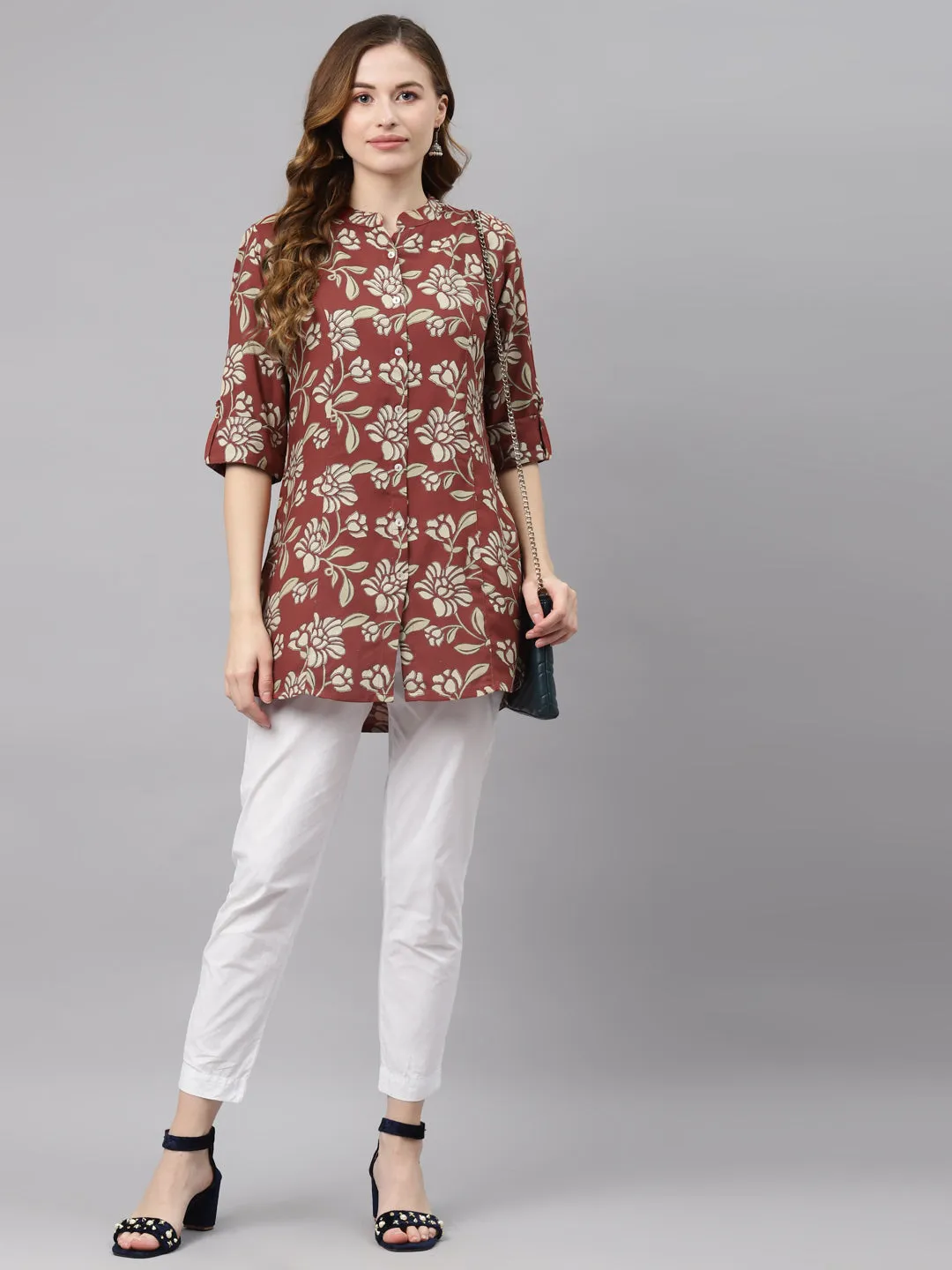 Women'S Maroon Floral Rayon Top