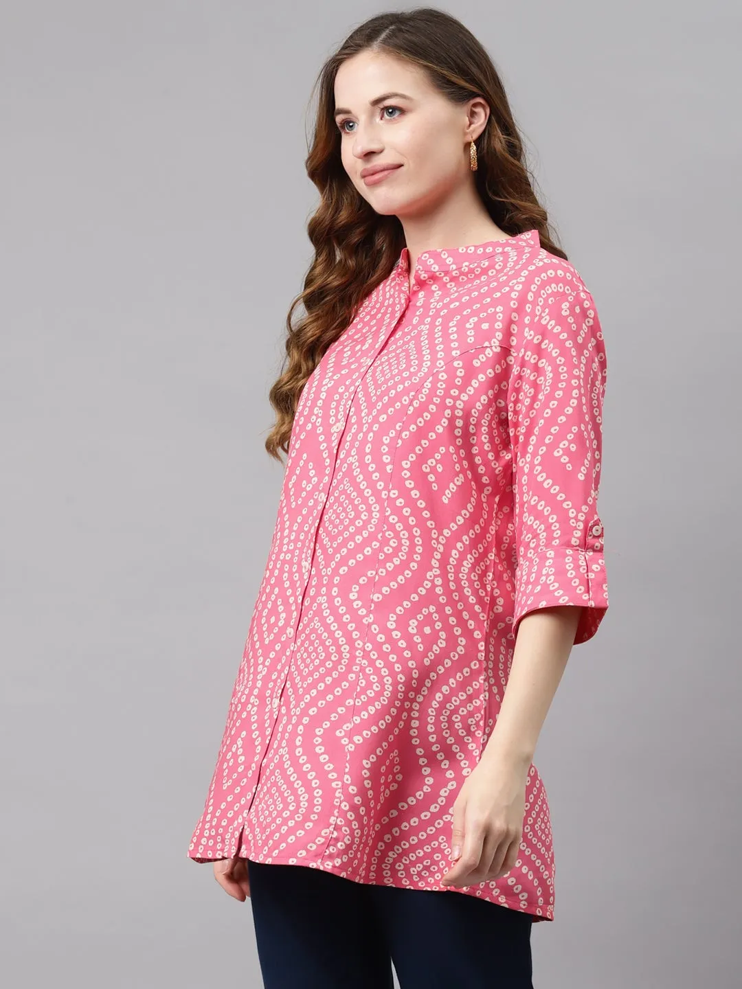 Women'S Pink Bandhani Print Rayon Top