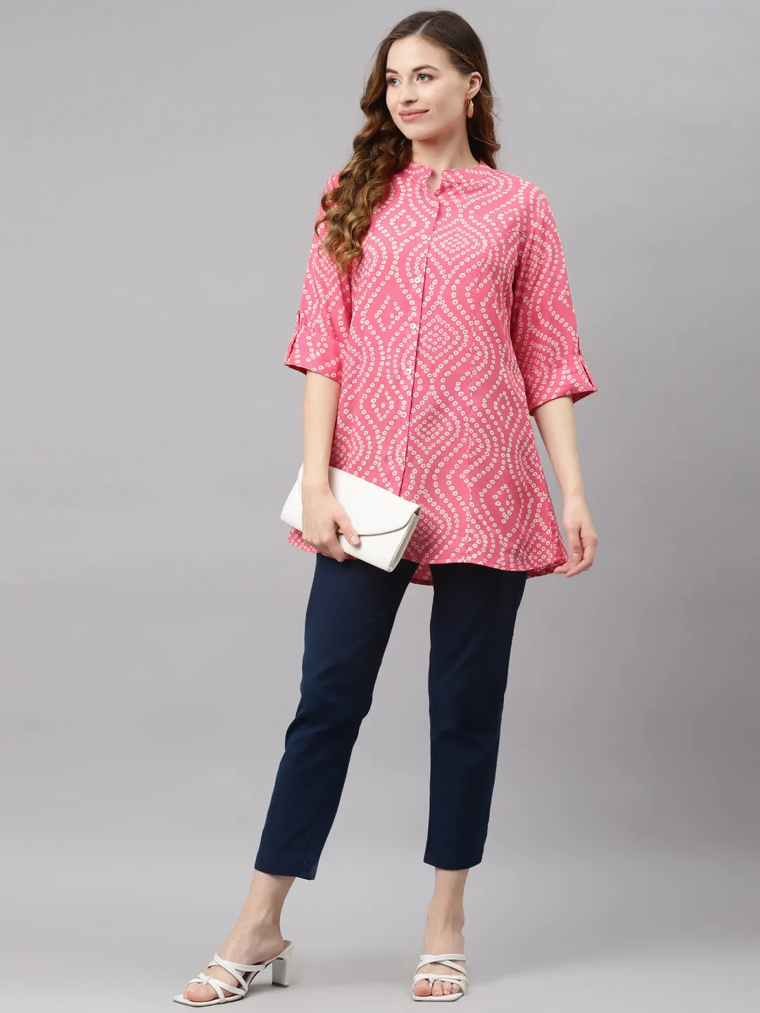 Women'S Pink Bandhani Print Rayon Top