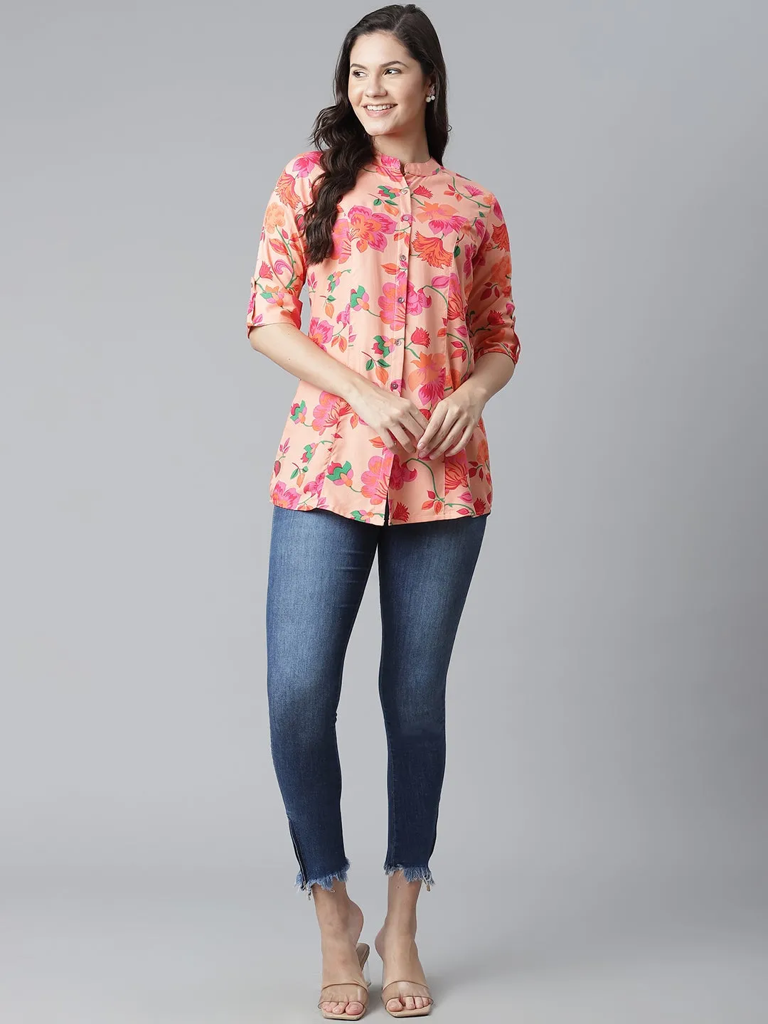 Women'S Rayon Peach Floral Print Top