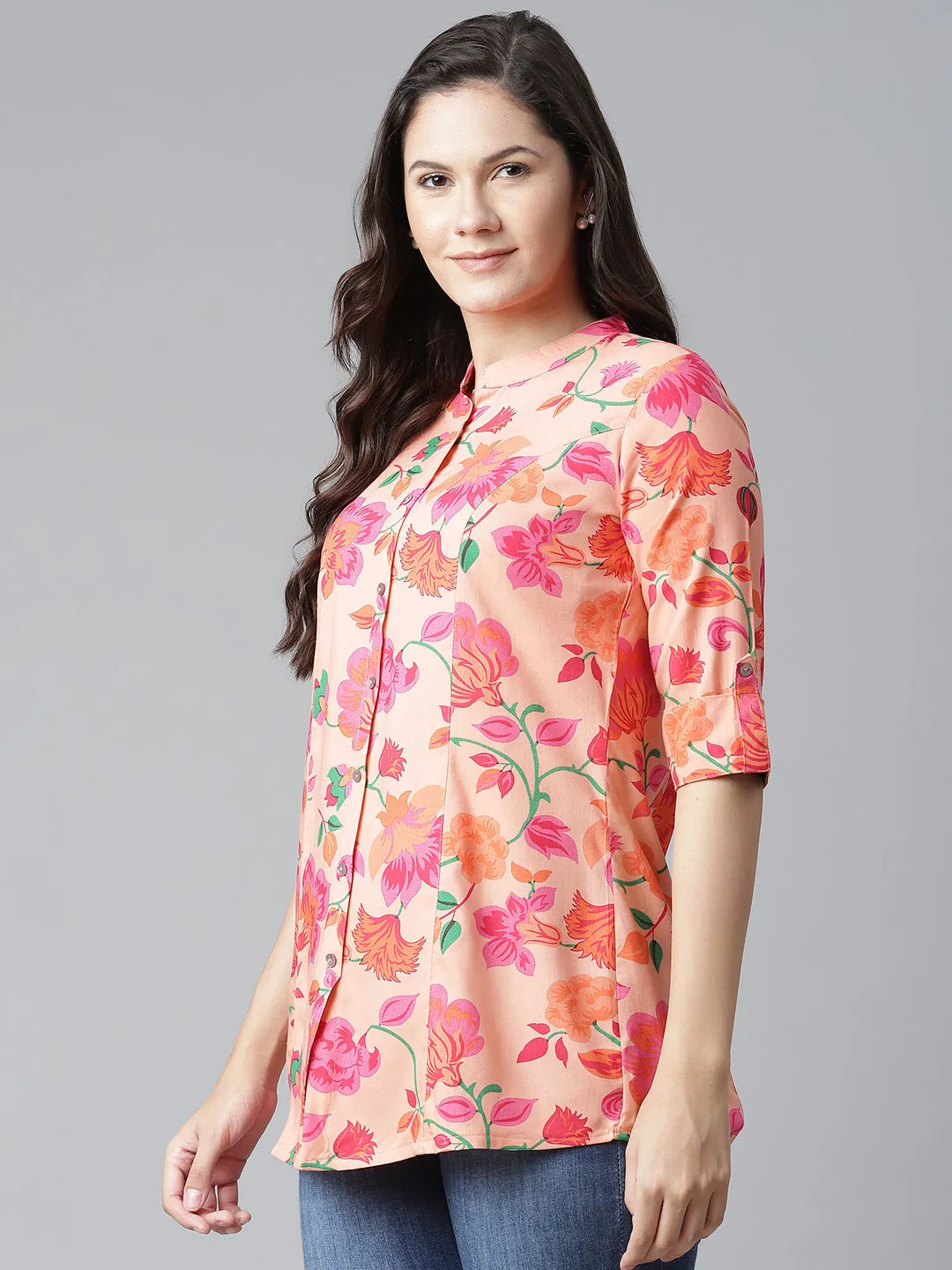 Women'S Rayon Peach Floral Print Top