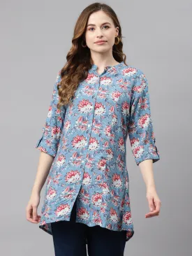 Women'S Sky Blue Floral Rayon Top