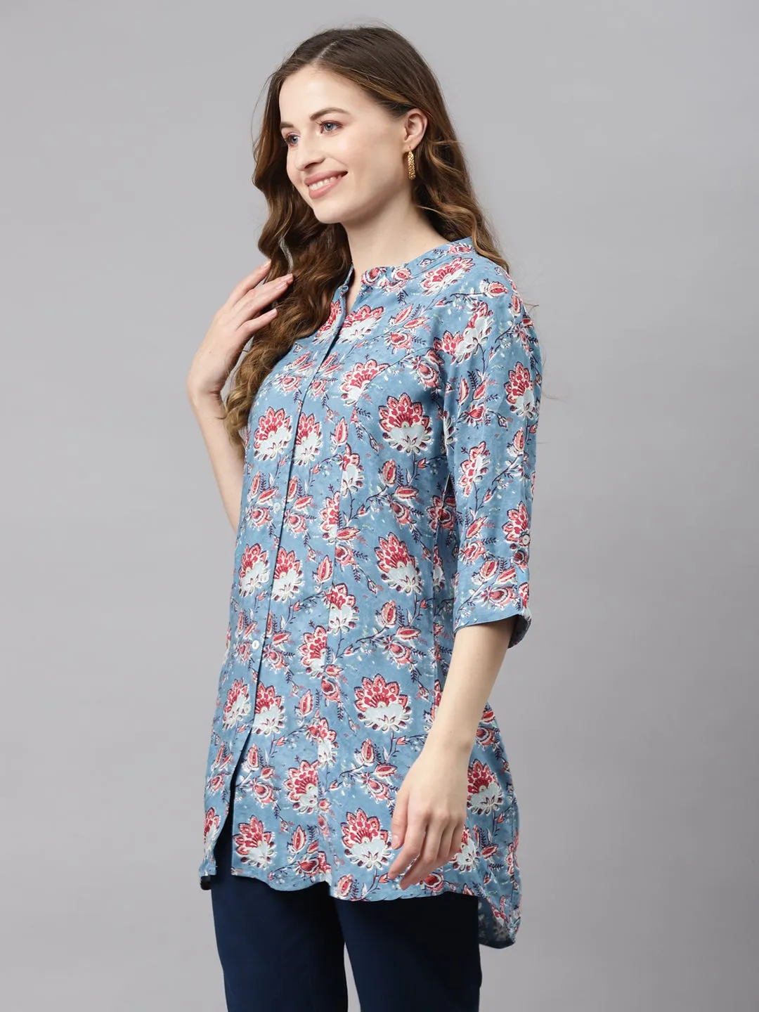 Women'S Sky Blue Floral Rayon Top