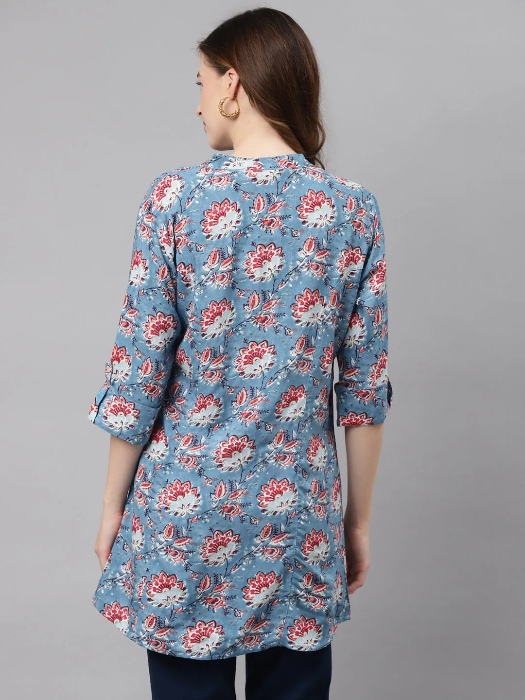 Women'S Sky Blue Floral Rayon Top