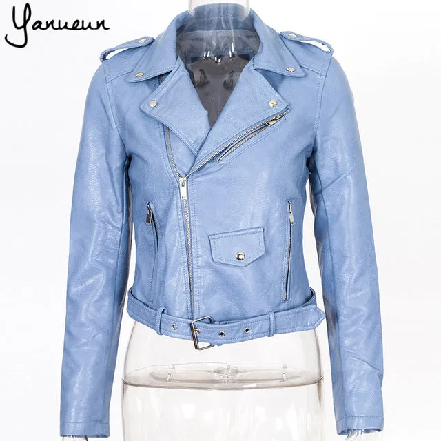 Yanueun Korean Fashion 2017 New Fashion Women Faux Leather Jackets Lady Bomber Motorcycle Cool Outerwear Coat with Belt