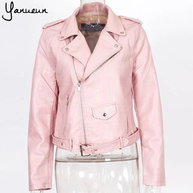 Yanueun Korean Fashion 2017 New Fashion Women Faux Leather Jackets Lady Bomber Motorcycle Cool Outerwear Coat with Belt