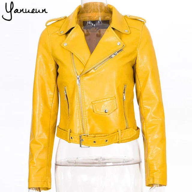 Yanueun Korean Fashion 2017 New Fashion Women Faux Leather Jackets Lady Bomber Motorcycle Cool Outerwear Coat with Belt