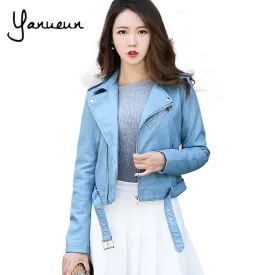 Yanueun Korean Fashion 2017 New Fashion Women Faux Leather Jackets Lady Bomber Motorcycle Cool Outerwear Coat with Belt