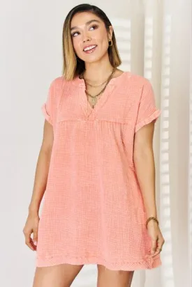 Zenana Washed Notched Rolled Short Sleeve Dress